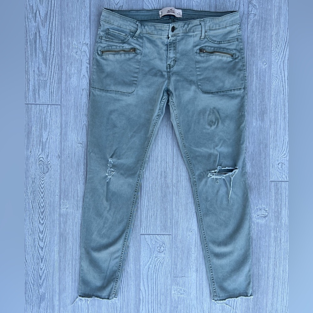 Hollister Olive Green Skinny Jeans Womens Size 15 32 Distressed Raw Hem Cropped